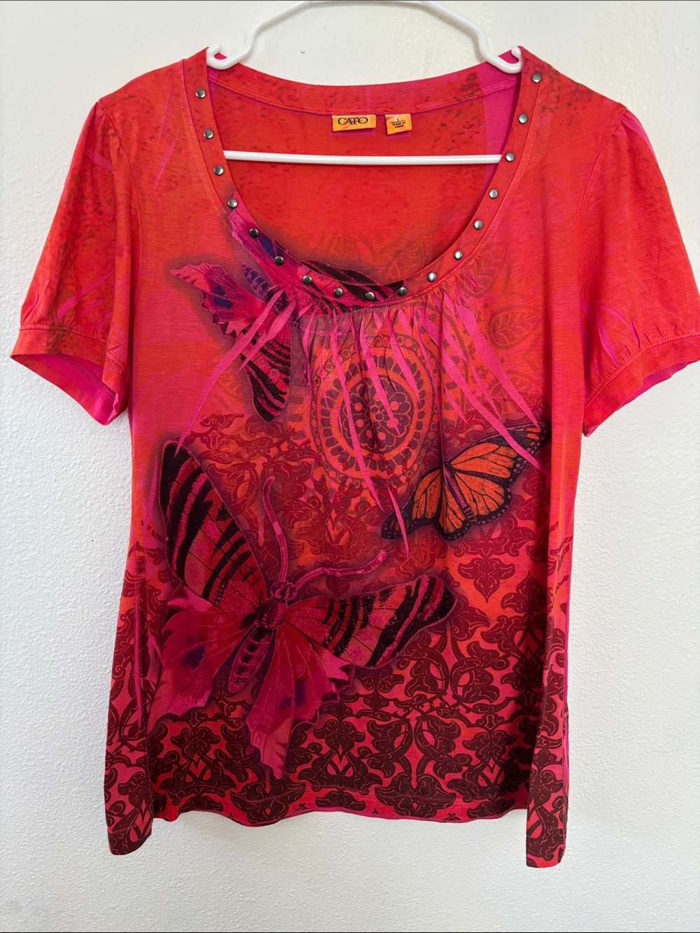 Cato Pink and Orange Butterfly Scoop Neck Short Sleeve Top